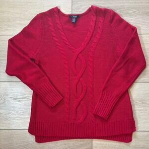 Vintage Chaps‎ Womens Red Cable Knit V-Neck Sweater Long Sleeve Size Medium